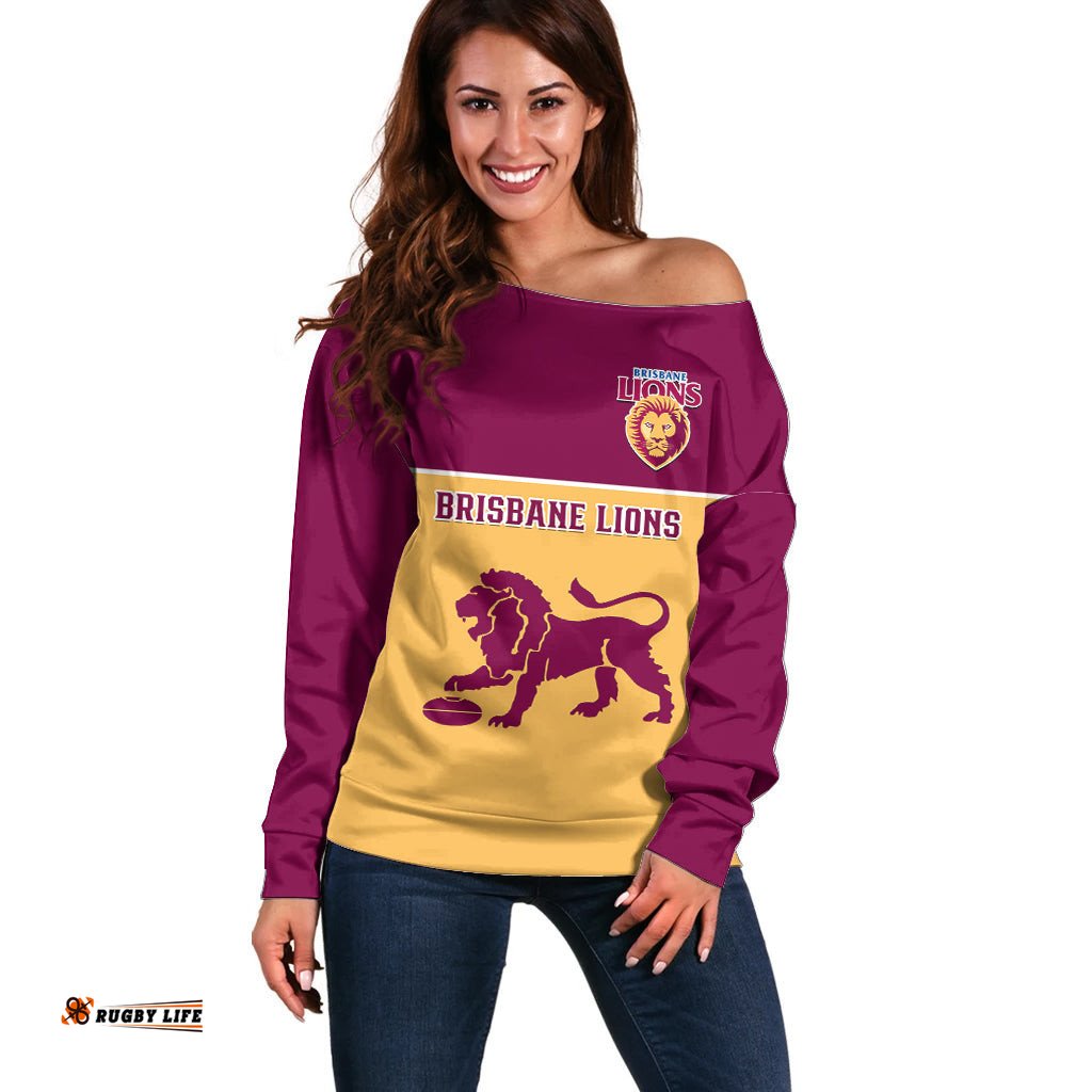 Personalised Brisbane Lions Football Off Shoulder Sweater Sporty Gold Version