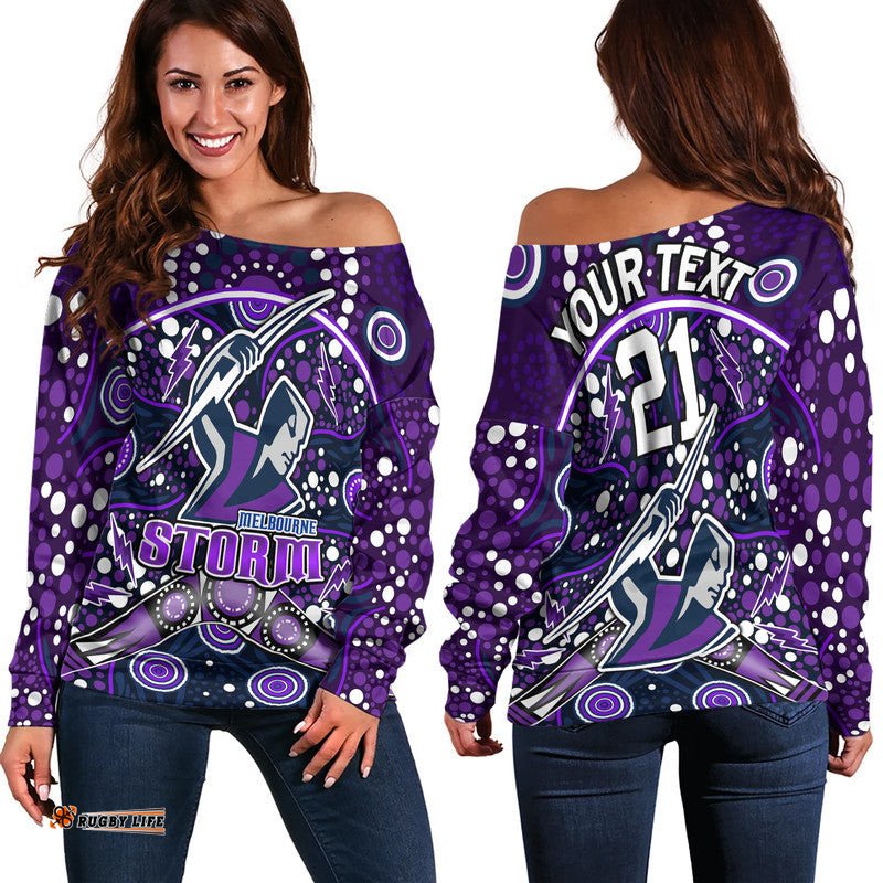 Custom Personalised Storm Rugby Women Off Shoulder Sweater Melbourne Boomerang Indigenous Dots
