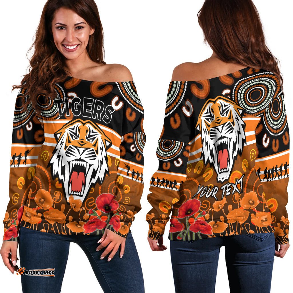 Custom Personalised Wests Tigers Anzac Women Off Shoulder Sweater Aboriginal Lest We Forget