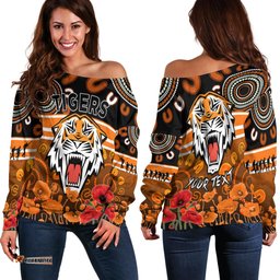 Custom Personalised Wests Tigers Anzac Women Off Shoulder Sweater Aboriginal Lest We Forget