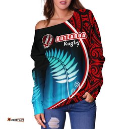 Aotearoa Rugby Black Maori Off Shoulder Sweater Kiwi and Silver Fern New Zealand