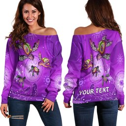 Custom Personalised Australian Aboriginal Off Shoulder Sweater Happy Turtle Family Version Purple
