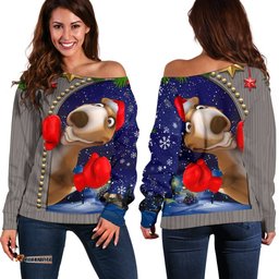 Christmas Women's Off Shoulder Sweater Funny Kangaroo Christmas