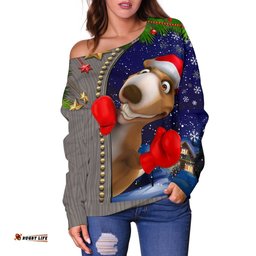 Christmas Women's Off Shoulder Sweater Funny Kangaroo Christmas