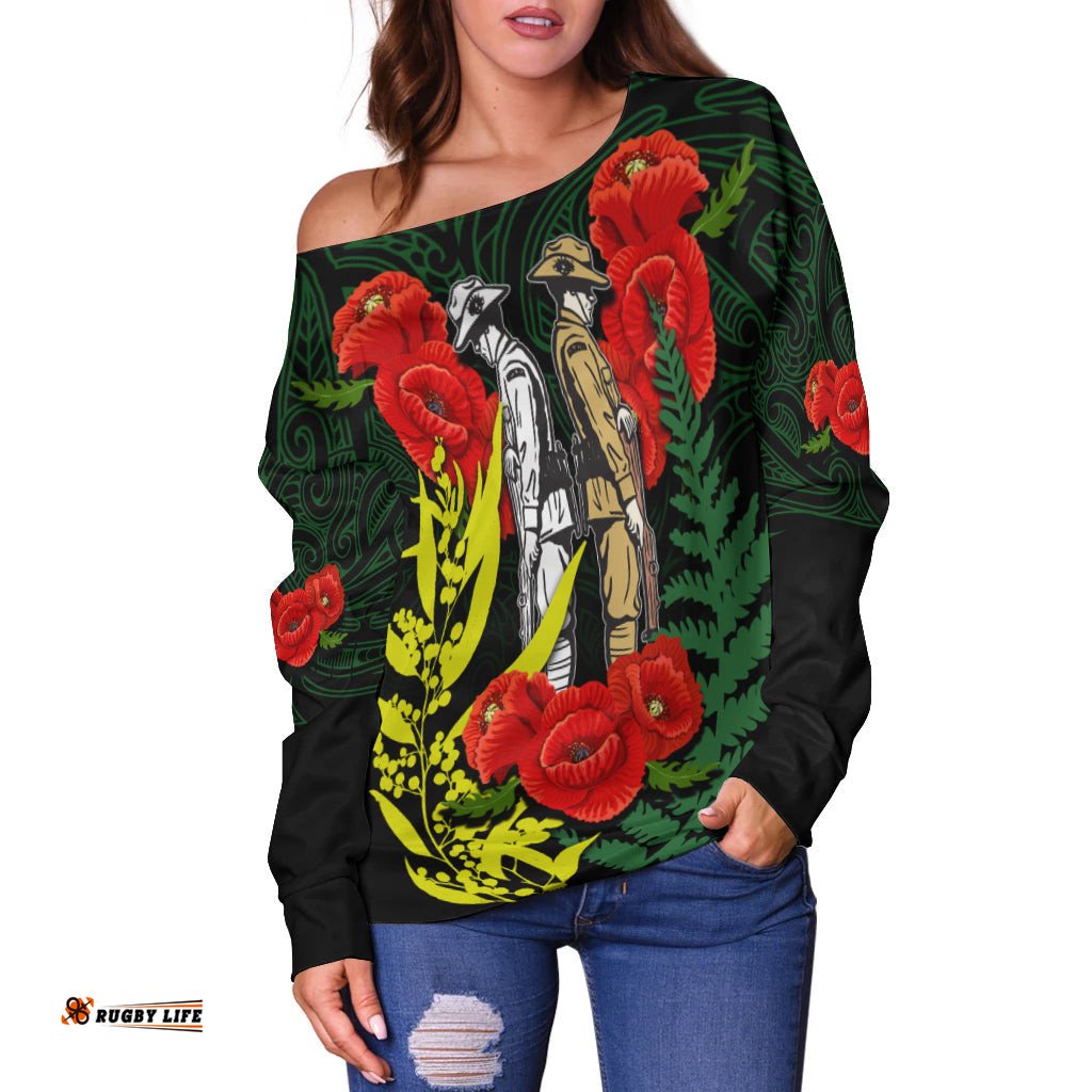 Anzac Day Off Shoulder Sweater Maori Patterns Green Color