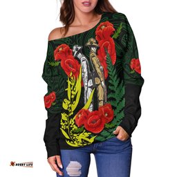 Anzac Day Off Shoulder Sweater Maori Patterns Green Color