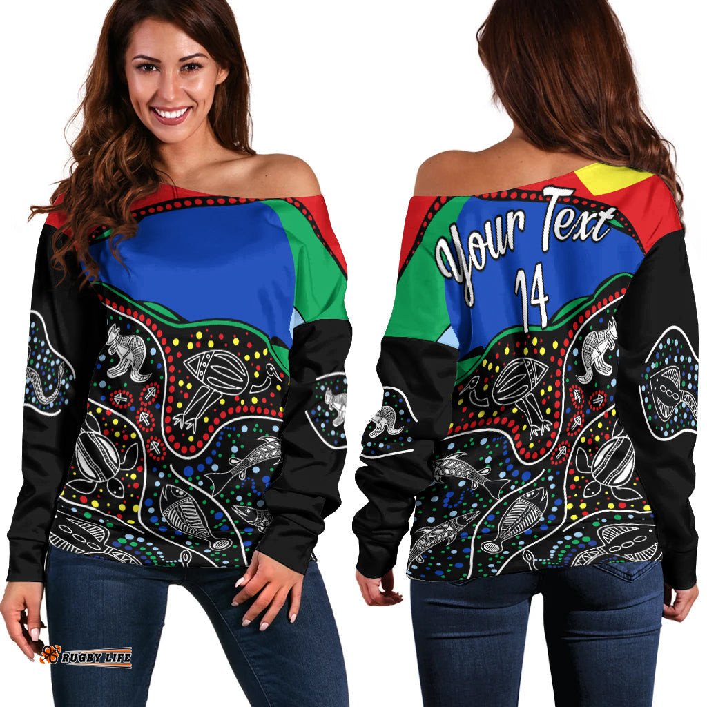Custom Text and Number NAIDOC Week Off Shoulder Sweater National Aborigines And Torres Strait Islander Animals Aboriginal Art