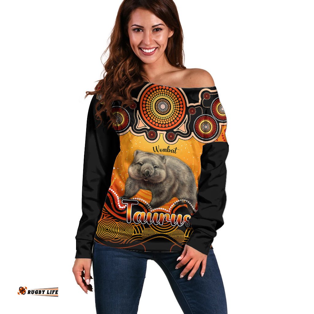 Personalised Australia Taurus Wombat Zodiac Off Shoulder Sweater Auz Astrology Aboriginal Red