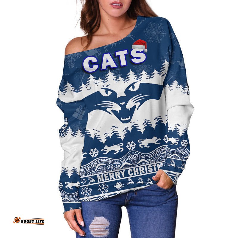Custom Personalised And Number Geelong Cats Unique Winter Season Women Off Shoulder Sweater Cats Merry Christmas