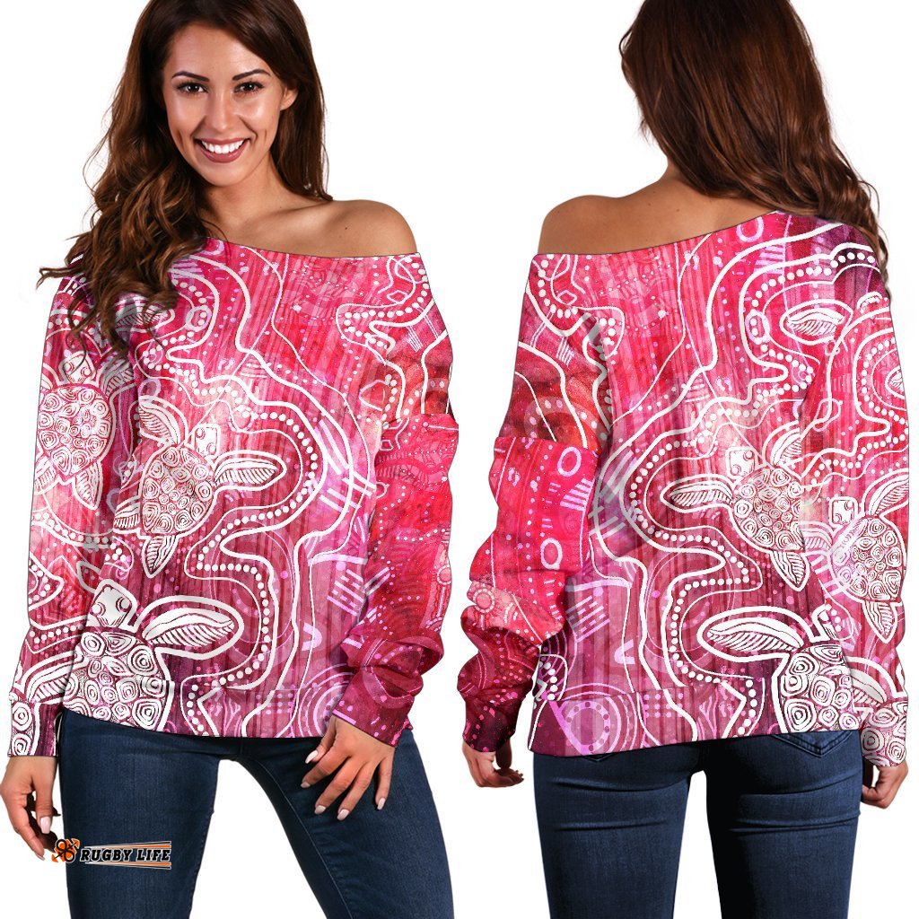 Aboriginal Women's Off Shoulder Sweaters Sea Turtle With Indigenous Patterns Pink