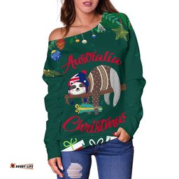 Australia Christmas Women's Off Shoulder Sweater Green Merry Christmas