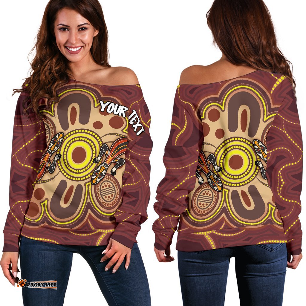 Custom Aboriginal Women's Off Shoulder Sweater, Indigenous Lizard Dot Painting Art