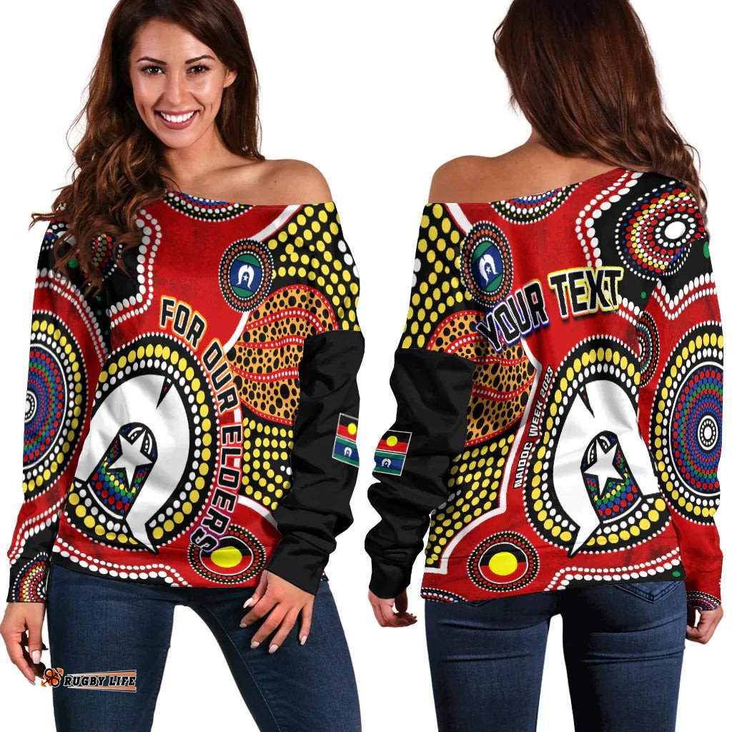 Custom Personalised Australia NAIDOC Week Off Shoulder Sweater For Our Elders Aborigines and Islanders Flag