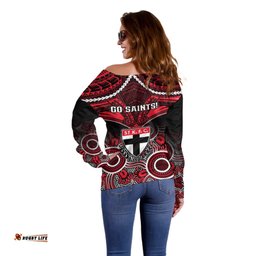 St Kilda Football Off Shoulder Sweater Saints Aboriginal Mix Polynesian Pattern