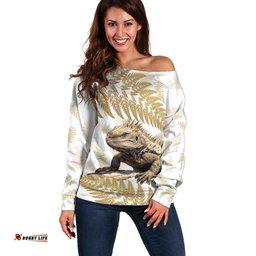 Gold New Zealand Tuatara Off Shoulder Sweater Aotearoa Sphenodon Punctatus Silver Fern