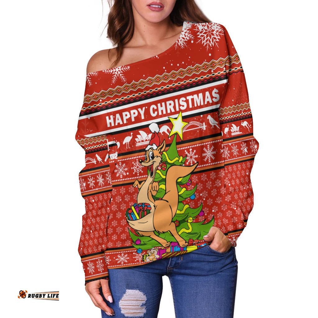 Australia Christmas Kangaroo Aboriginal Pattern Women Off Shoulder Sweater