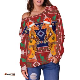 Australia Christmas Women's Off Shoulder Sweater Mother Kangaroo In Christmas