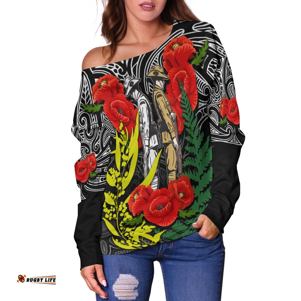 Anzac Day Off Shoulder Sweater Maori Patterns White Color