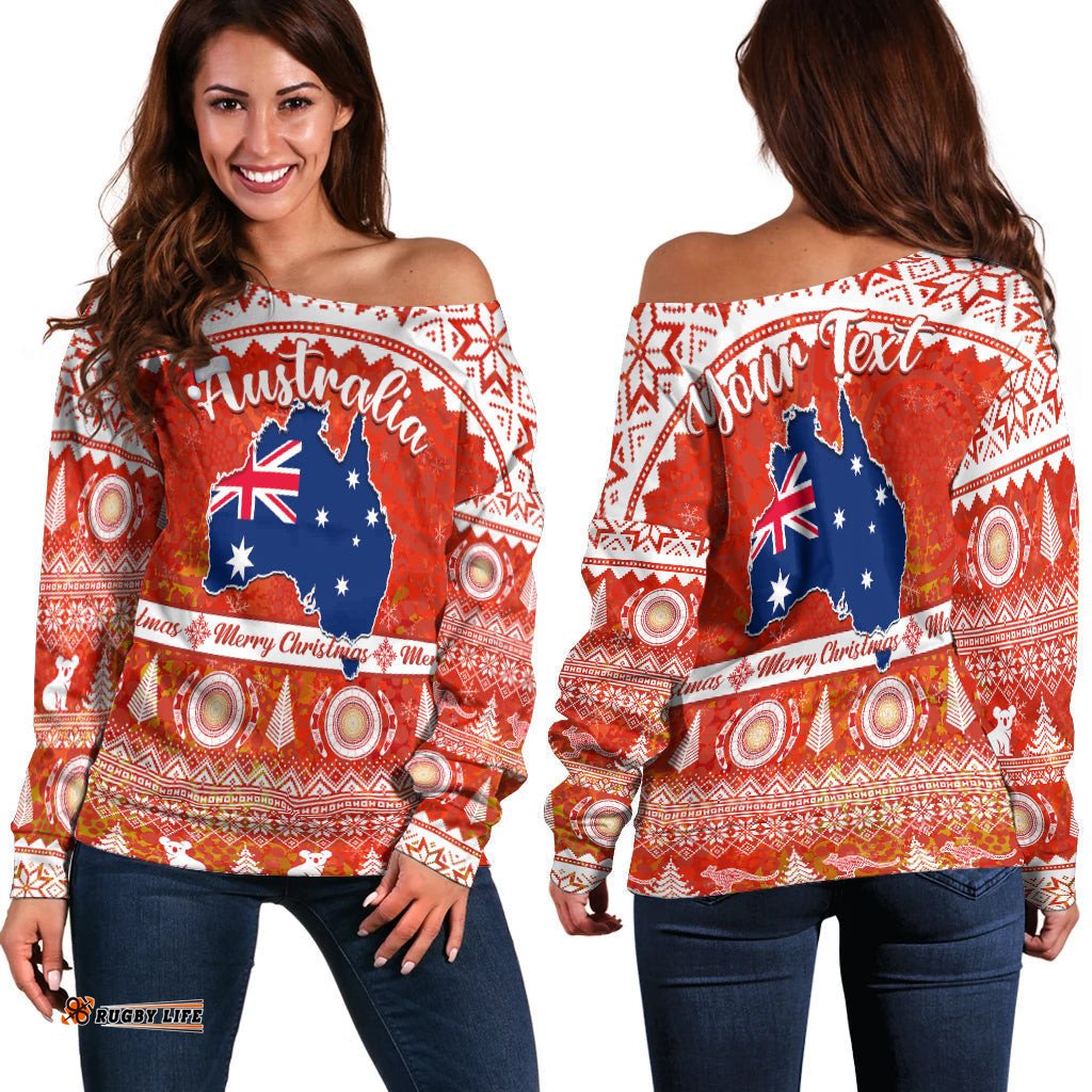 Custom Personalised Australia Off Shoulder Sweater Australian Map Aboriginal Painting Merry Christmas