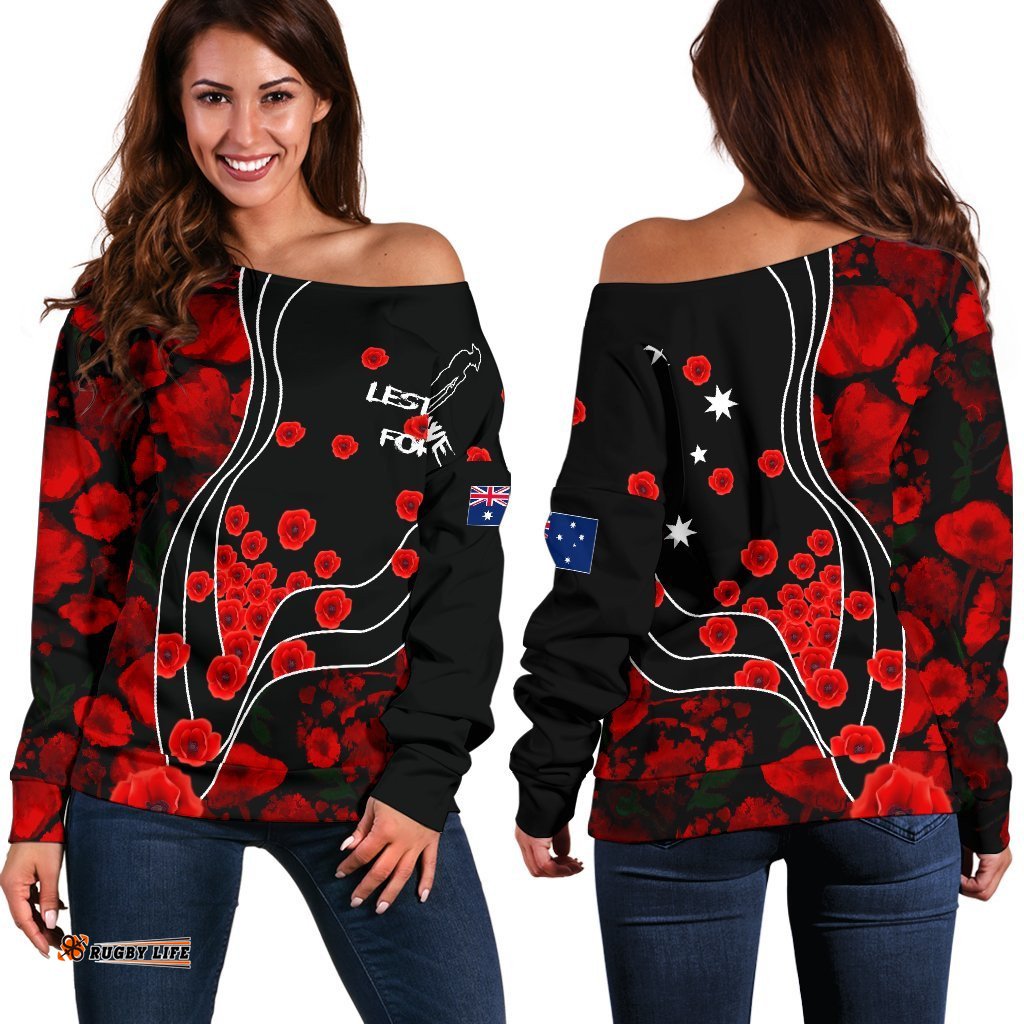 Anzac Lest We Forget Women's Off Shoulder Sweater Poppy Flowers