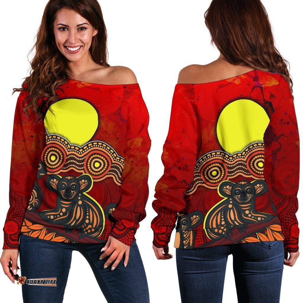 Aboriginal Off Shoulder Sweater Australian Indigenous Koala