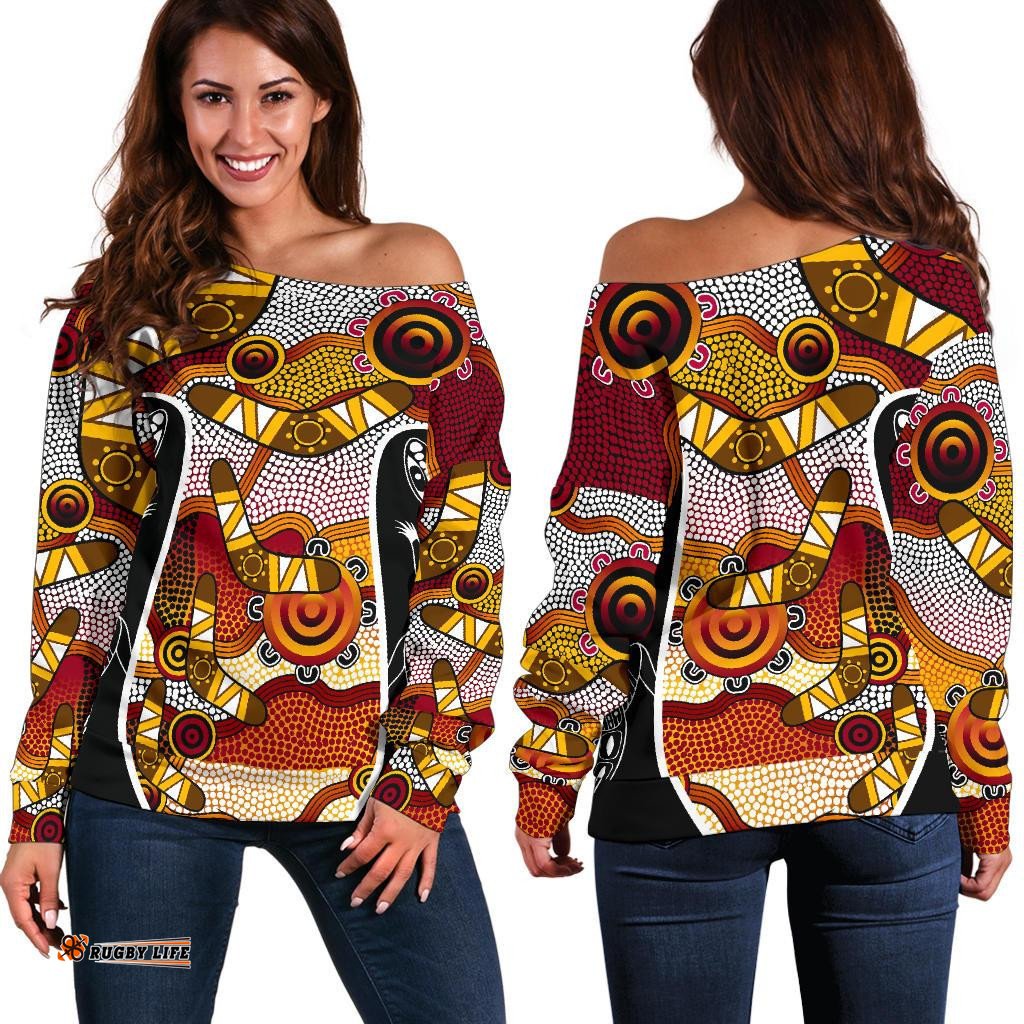 Off Shoulder Sweater Aboriginal Dot Painting Lizard Sweater Women