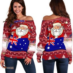 Christmas Women's Off Shoulder Sweater Australia Santa Claus Hold The Flag Red