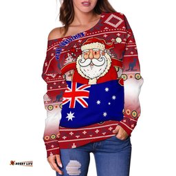 Christmas Women's Off Shoulder Sweater Australia Santa Claus Hold The Flag Red