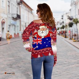 Christmas Women's Off Shoulder Sweater Australia Santa Claus Hold The Flag Red