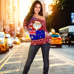 Christmas Women's Off Shoulder Sweater Australia Santa Claus Hold The Flag Red