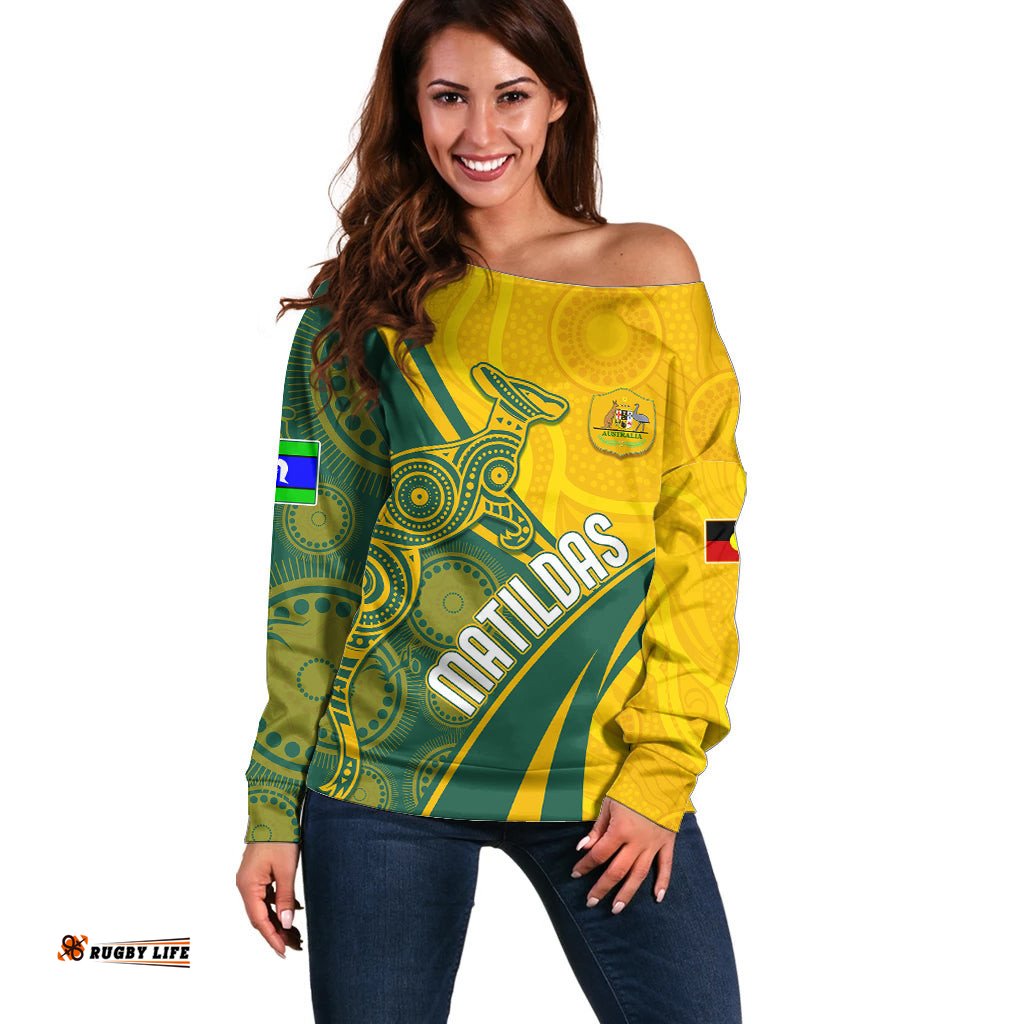 Personalised Australia Soccer Matildas Indigenous Off Shoulder Sweater World Cup 2023