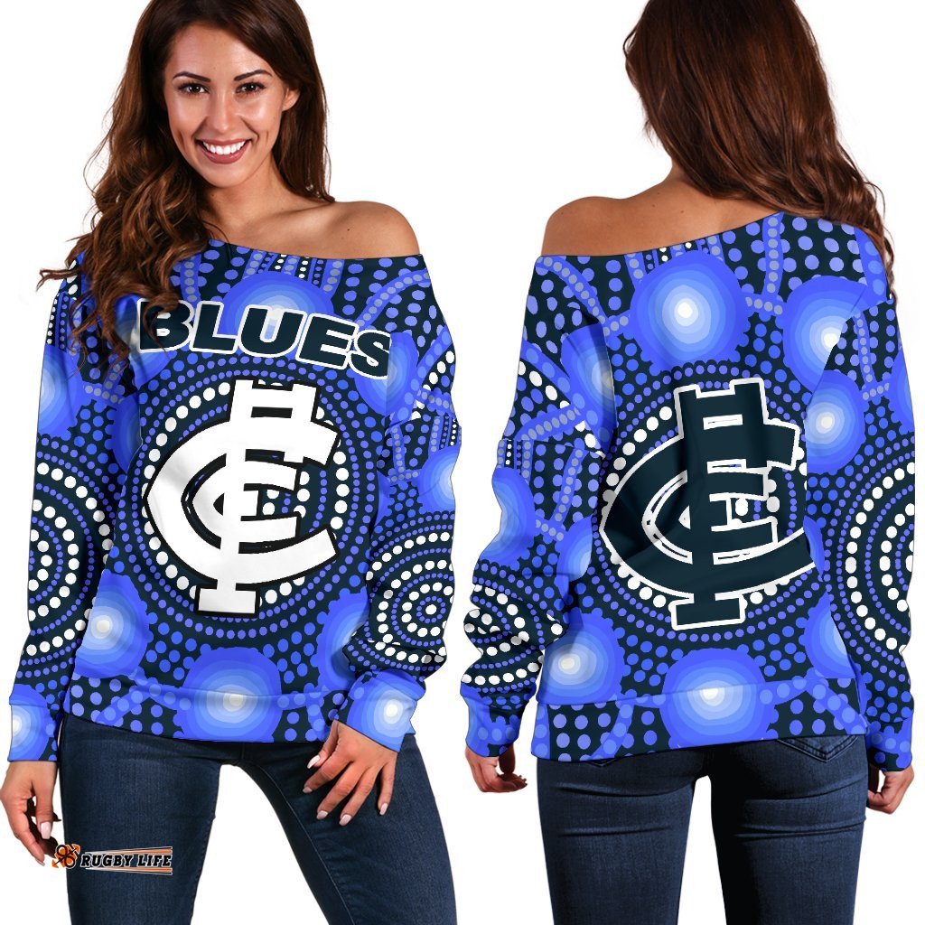 Blues Off Shoulder Sweater Carlton Bright Indigenous