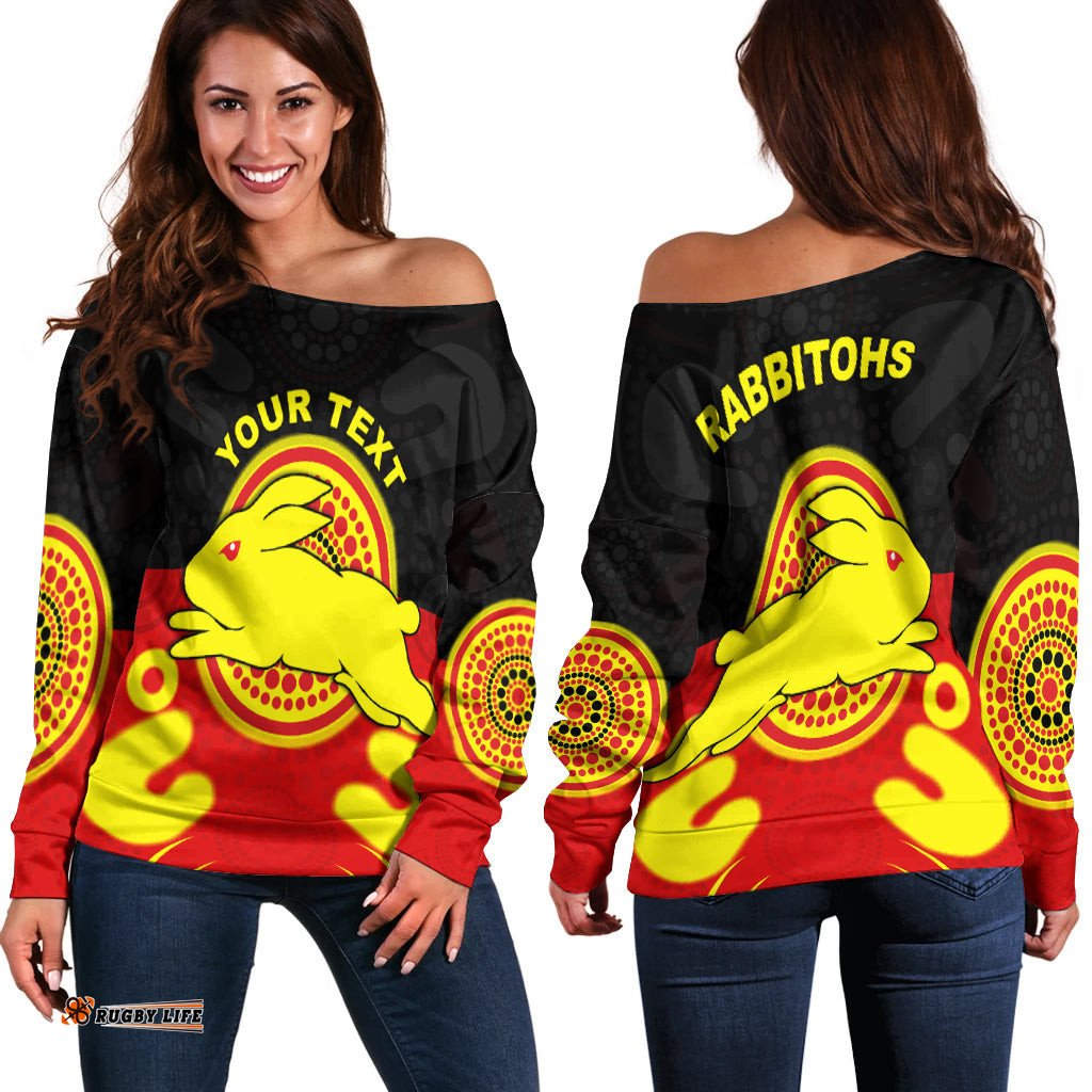 Custom Personalised Rabbitohs Indigenous Off Shoulder Sweater Style Aboriginal Flag