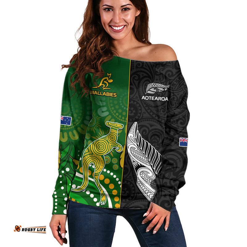 Aotearoa Rugby All Black Combine Australia Wallabies Women Off Shoulder Sweater Aboriginal Kangaroo And Maori Fern