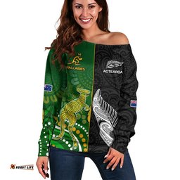 Aotearoa Rugby All Black Combine Australia Wallabies Women Off Shoulder Sweater Aboriginal Kangaroo And Maori Fern