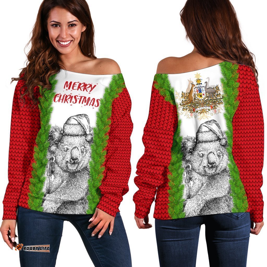 Australia Christmas Women's Off Shoulder Sweater Merry Christmas Koala
