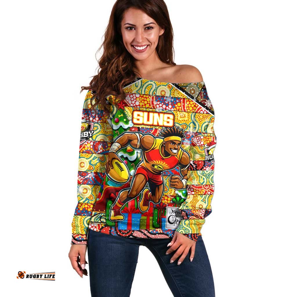 Custom Suns Football Merry Christmas Off Shoulder Sweater Indigenous Australian Art