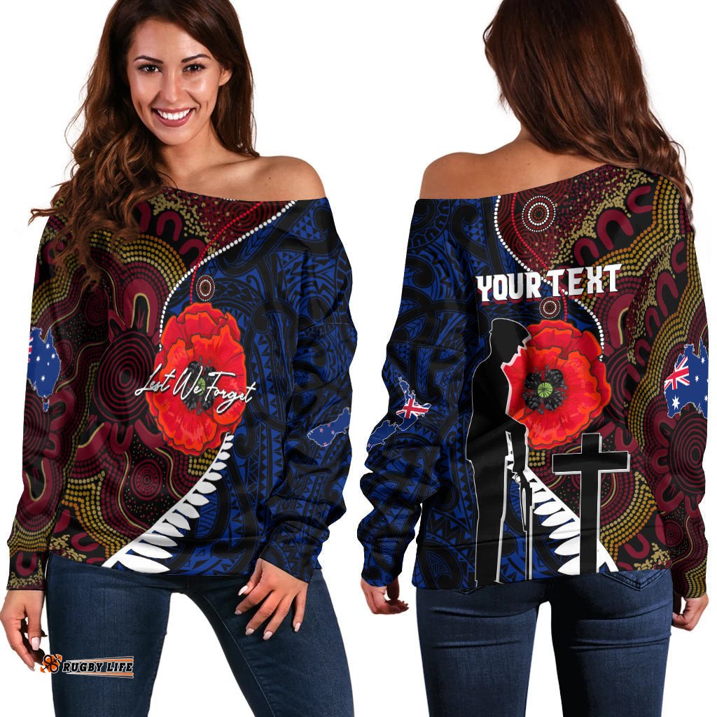 Custom Personalised Aboriginal Mix Maori Anzac Day Off Shoulder Sweater Lest We Forget