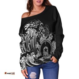 Aboriginal Women's Off Shoulder Sweater, Torres Strait Islands in Wave Black