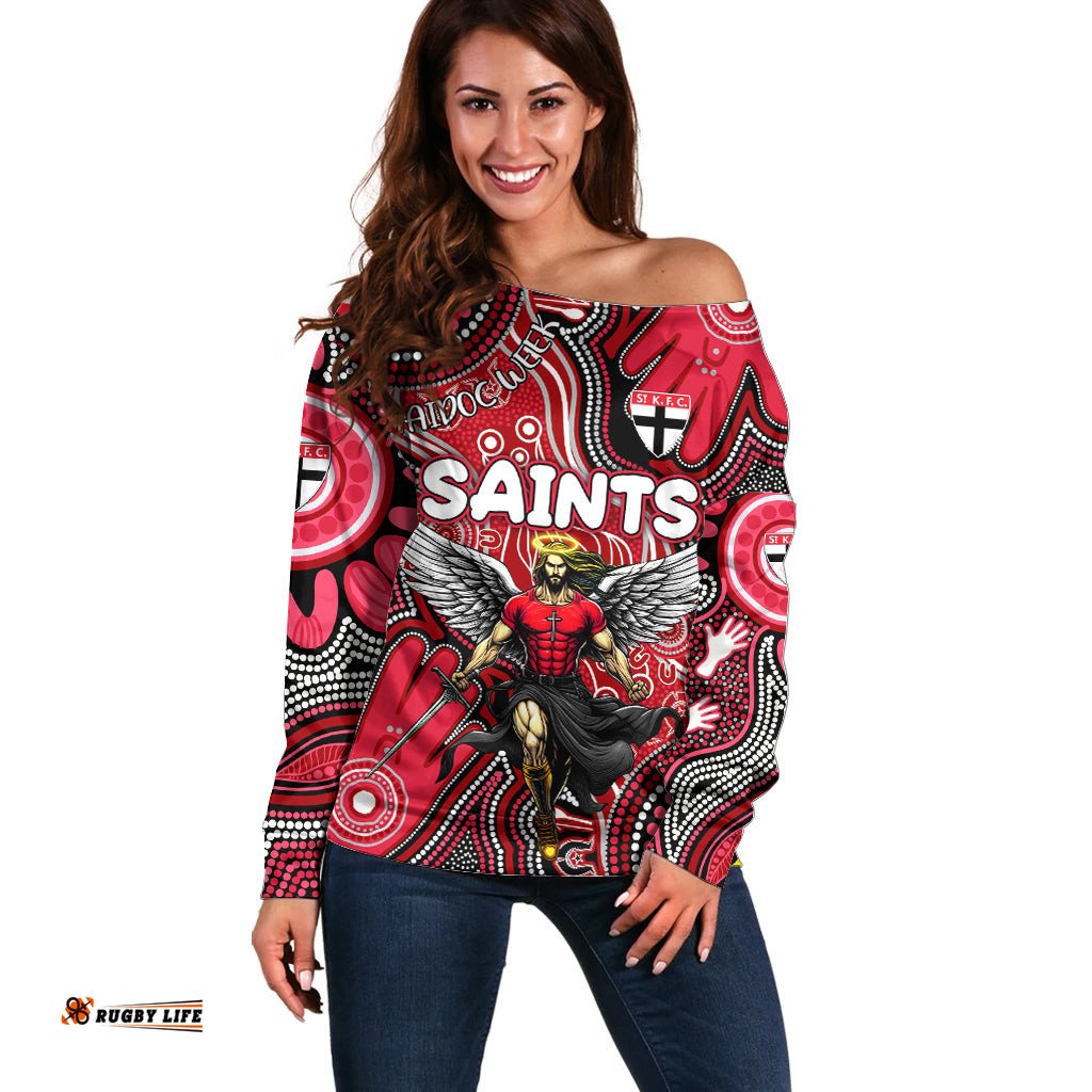 Personalised NAIDOC Week 2024 St Kilda Saints Off Shoulder Sweater Australian Aboriginal Hand Painting