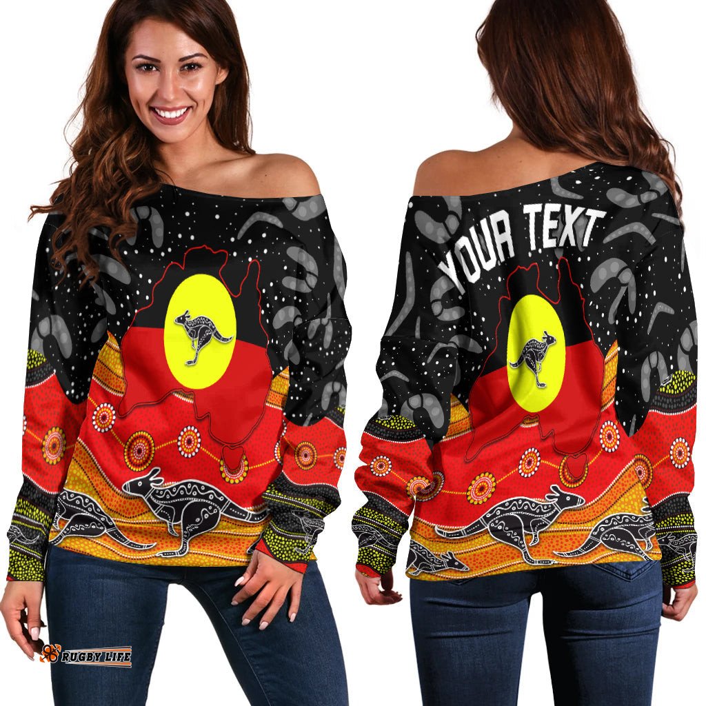 Custom Personalised Aboriginal Flag Off Shoulder Sweater Map Aussie