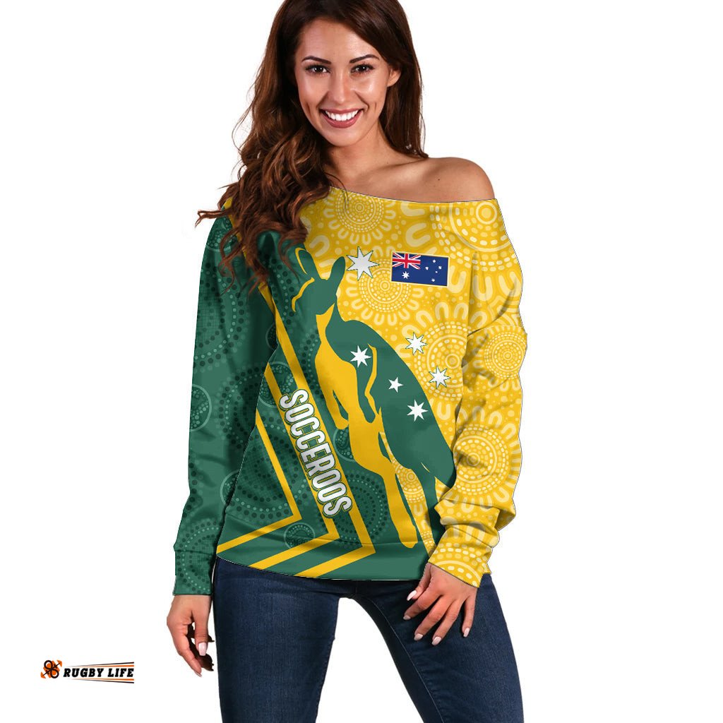 Personalised Australia Socceroos Indigenous Off Shoulder Sweater Green & Gold