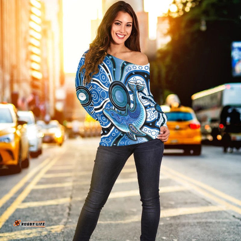 Aboriginal Dolphins Off Shoulder Sweater Blue Sea