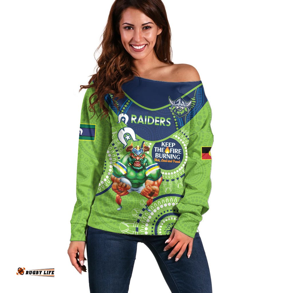 Custom NRL Raiders NAIDOC Week Off Shoulder Sweater Keep The Fire Burning Indigenous Art