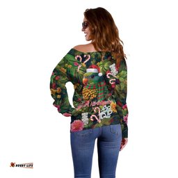 Meri Kirihimete Kakapo Santa Off Shoulder Sweater Merry Christmas with Tropical Vibe