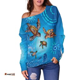 Custom Personalised Australian Aboriginal Off Shoulder Sweater Happy Turtle Family Version Blue