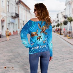 Custom Personalised Australian Aboriginal Off Shoulder Sweater Happy Turtle Family Version Blue