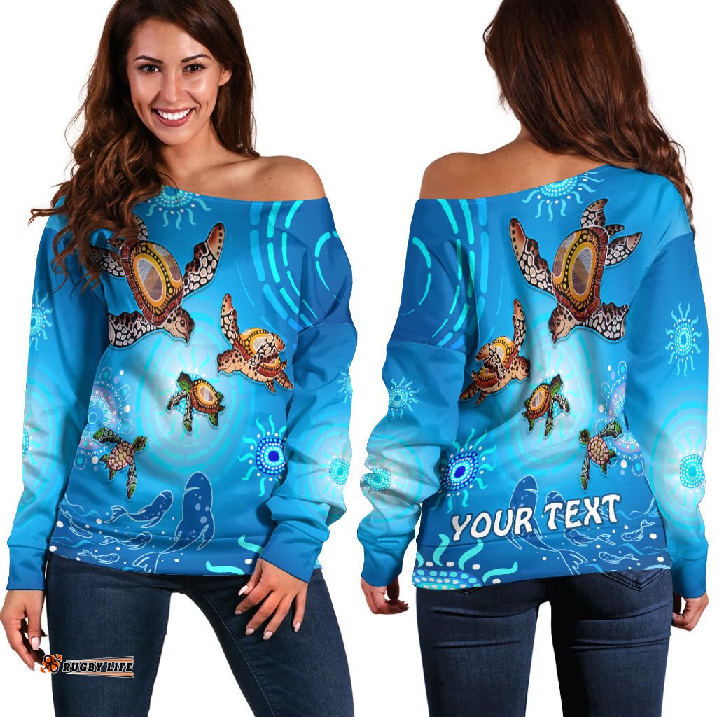 Custom Personalised Australian Aboriginal Off Shoulder Sweater Happy Turtle Family Version Blue