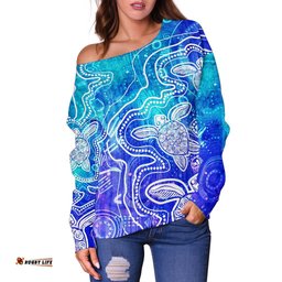 Aboriginal Women's Off Shoulder Sweaters Sea Turtle With Indigenous Patterns Blue