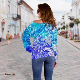 Aboriginal Women's Off Shoulder Sweaters Sea Turtle With Indigenous Patterns Blue